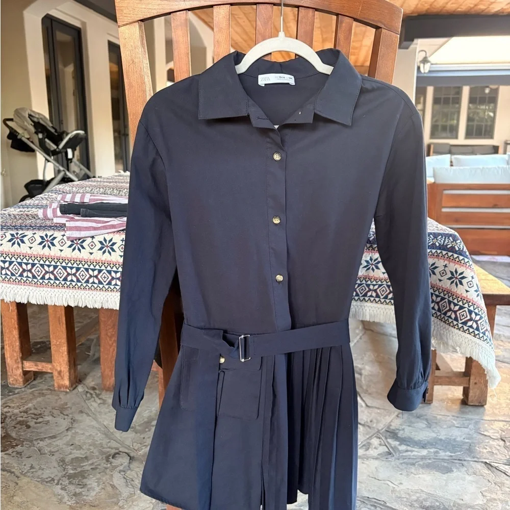 Zara Navy Blue Girls 13-14 Chunky Beltt Pleated Long Sleeve Button Mini Dress
